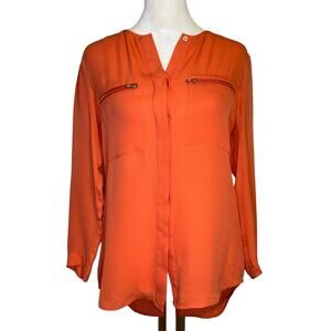 Theory coral three-quarter sleeve button down silk blouse size P